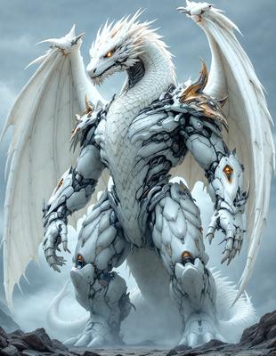 The primary subject of the image is a large, white, and gold dragon. The dragon is the main focus of the image, and it appears to be a digital art or illustration. The dragon is standing in a cloudy sky, which adds to the overall atmosphere of the scene. The colors in the image are predominantly white and gold, giving the dragon a majestic and powerful appearance.